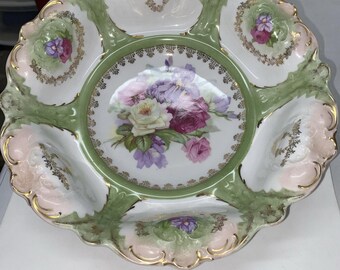 Vintage Weimar Germany Porcelain Serving Bowl Hand Painted Floral Embossed (C1)