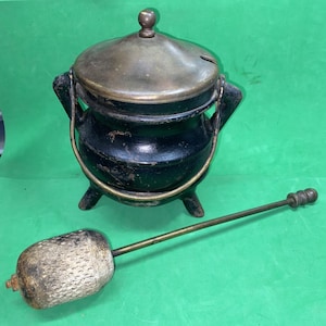 Antique Cast Iron Fire Starter Cauldron Smudge Pot With Brass Lid & Wand