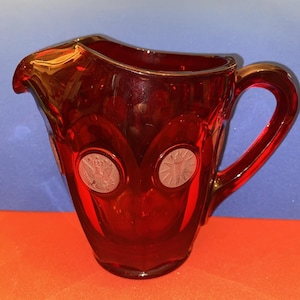 Vintage Fostoria Ruby Red Glass Pitcher Coin Dot Frosted USA Eagle 6.5" 32Oz