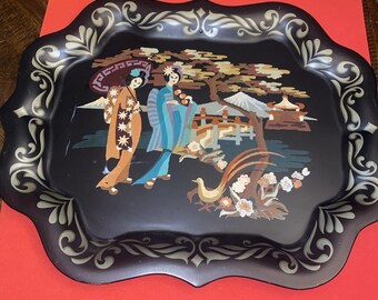 Vintage Japanese Scene Metal Tray Hand Painted 19 X 15 Geisha, Bridge