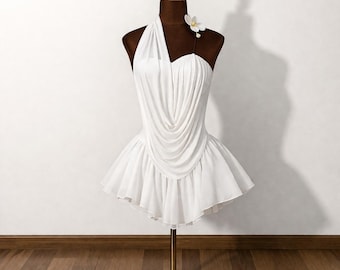 White Strapless Sheer Mesh Mini Dress Draped Backless High Waist A Line Party Dress