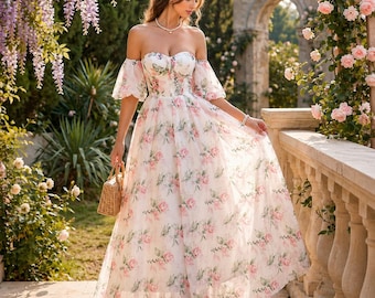 Floral Off-Shoulder Maxi Dress | Romantic Petal Sleeve Wedding Guest Gown
