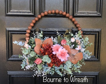 Fall beaded hoop floral eucalyptus wreath, wood bead wall decor, Boho style fall wreath, Christmas hoop wreath