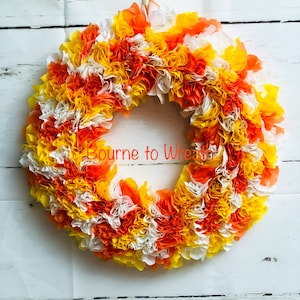 18” Halloween wreath, Candy corn wreath, Halloween wreath, candy corn decor, tablecloth wreath, candy corn colors wreath