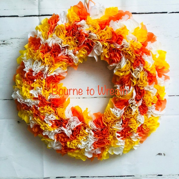 Candy corn wreath, Halloween wreath, candy corn decor, tablecloth wreath, candy corn colors wreath