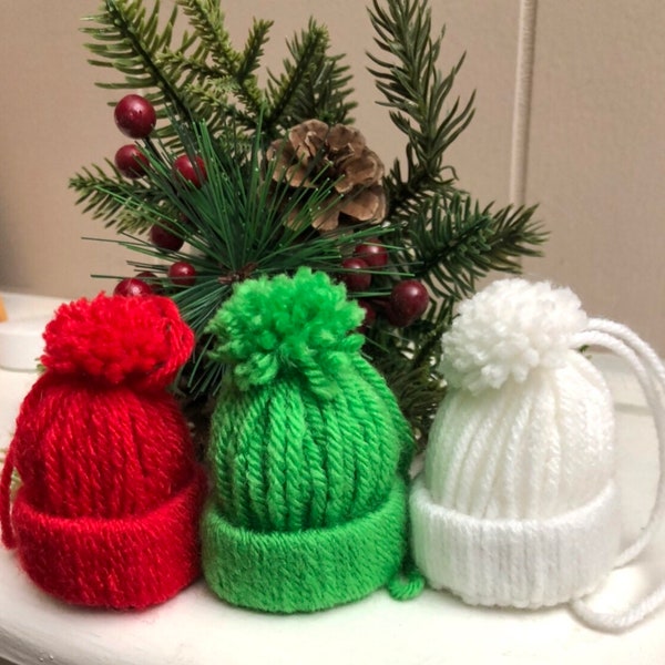 Yarn Hat Ornament, Christmas Hat Ornament, Pom Pom Hat Ornament, red green white yarn hat ornament