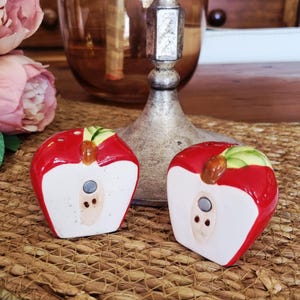 May include: A pair of ceramic salt and pepper shakers shaped like halved red apples. Each shaker features a glossy red exterior, a white interior face with a brown stem, a green leaf, and two small holes at the top for dispensing seasoning.