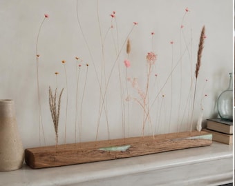 Live Edge Oak Flower Bar with Green Resin | Handmade Solid Wood Dried Flower Display | Rustic Mantel Decor | Includes 30 Dried Stems