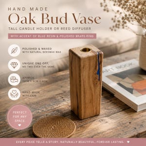 May include: Handmade oak bud vase, a tall candle holder or reed diffuser. The wooden vase has a blue resin accent and a polished brass ring. It measures approximately 5.9 x 2 x 2 inches. The text on the image says "Hand Made Oak Bud Vase".