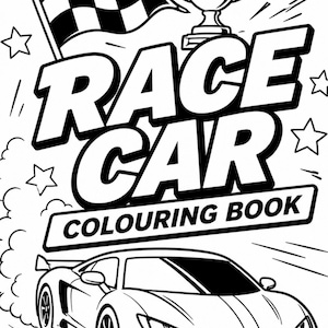 Op de afbeelding: Zwart-wit illustratie van een kleurboek voor raceauto's. De omslag toont een raceauto, een geblokte vlag, een trofee en de woorden "RACE CAR COLOURING BOOK". Sterren zijn verspreid over het ontwerp.