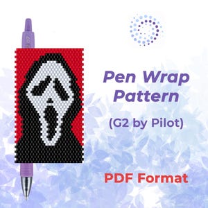 Op de afbeelding: Een pen-wrap patroon in PDF-formaat voor een Pilot G2 pen. Het ontwerp bevat een gepixelde spookmasker-afbeelding in zwart, wit en rood. De tekst op de afbeelding luidt Pen Wrap Pattern (G2 by Pilot) en PDF Format.