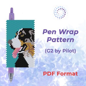 May include: A purple pen with a teal and pixelated dog design. The image includes the text "Pen Wrap Pattern (G2 by Pilot) PDF Format". The dog design features black, white, and tan colors.
