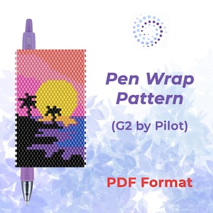 May include: A purple pen with a beaded wrap depicting a sunset with palm trees and a yellow sun. The image text reads "Pen Wrap Pattern (G2 by Pilot) PDF Format."