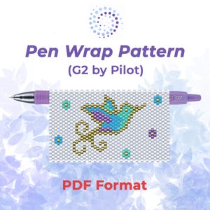 Könnte beinhalten: Ein Stiftwickelmuster für G2-Stifte von Pilot. Das Design zeigt einen bunten Vogel mit blauen, lila und goldenen Akzenten. Die Wörter "Pen Wrap Pattern" und "PDF Format" werden im Bild angezeigt.