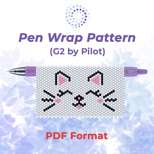 May include: A pen wrap pattern featuring a cat face design. The pattern is in PDF format and is designed for a G2 by Pilot pen. The cat face is made of black and pink beads on a white background.