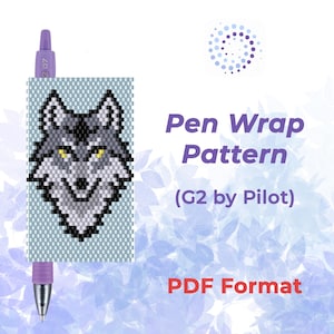 Könnte beinhalten: Ein lila G2-Stift von Pilot wird mit einem Perlenmuster für eine Stifthülle gezeigt, das ein graues und schwarzes Wolfsdesign zeigt. Der Text "Pen Wrap Pattern" und "PDF Format" sind ebenfalls abgebildet.
