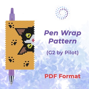 May include: A purple G2 Pilot pen with a beaded pen wrap pattern. The pen wrap features a black and white cat design on a yellow background, with paw prints. The text "Pen Wrap Pattern (G2 by Pilot) PDF Format" is also visible.