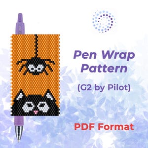 Puede incluir: Un patrón de cuentas para bolígrafo Pilot G2 con temática de Halloween, fondo naranja, una araña negra y una cara de gato negro. El texto dice Pen Wrap Pattern (G2 by Pilot) y PDF Format en letras de color morado y rojo.
