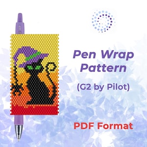 May include: A beaded pen wrap pattern for a Pilot G2 pen featuring a black cat wearing a purple witch hat with a green band, set against a yellow to red gradient background. The design includes a small black spider and is in PDF format.