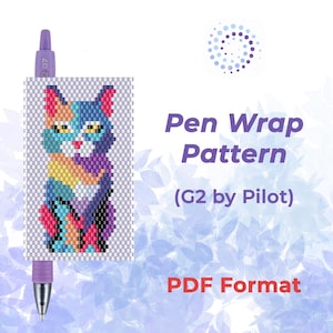 May include: A purple pen with a colorful cat design pen wrap pattern. The cat is made of small, colorful squares in shades of blue, pink, yellow, and purple. Text on the image reads "Pen Wrap Pattern (G2 by Pilot) PDF Format."