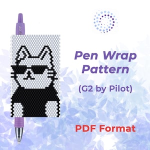Op de afbeelding: Een paarse G2 by Pilot pen met een pixelkat ontwerp pen wrap. De kat draagt een zonnebril en een zwart shirt. De tekst op de afbeelding luidt "Pen Wrap Pattern (G2 by Pilot) PDF Format."