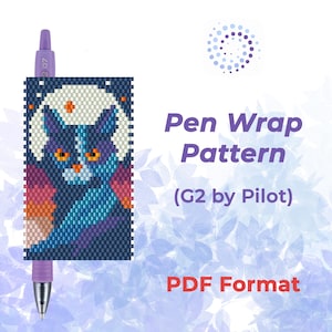 Könnte beinhalten: Ein lila G2-Stift von Pilot mit einem Perlenmuster, das ein Katzendesign zeigt. Die Katze ist in Blau-, Lila- und Orangetönen vor einem weißen Mondhintergrund dargestellt. Der Text auf dem Bild lautet "Pen Wrap Pattern" und "PDF Format."