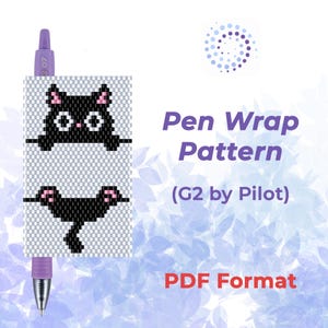 Könnte beinhalten: Ein lila G2-Stift von Pilot mit einem Stiftwickelmuster mit einem schwarzen Katzendesign. Das Muster enthält den Text "Pen Wrap Pattern" und "PDF Format". Das Katzendesign hat rosa Akzente und weiße Augen.