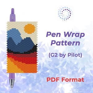 May include: A purple G2 by Pilot pen with a beaded pen wrap pattern. The pattern features a landscape design with a sun, mountains, and colorful bands. Text on the image reads "Pen Wrap Pattern" and "PDF Format."