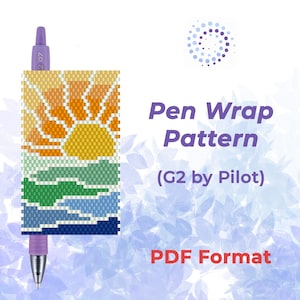 May include: A purple G2 Pilot pen with a colorful pen wrap pattern. The wrap features a pixelated design of a sunset over the ocean, with shades of yellow, orange, green, and blue. Text on the image reads "Pen Wrap Pattern (G2 by Pilot) PDF Format."