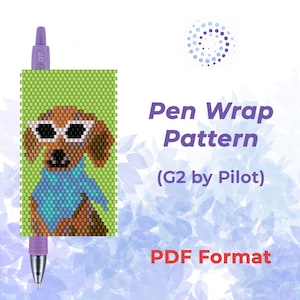 Könnte beinhalten: Ein Stift-Wrap-Muster mit einem pixeligen Bild eines Hundes mit Sonnenbrille und blauem Hemd auf grünem Hintergrund. Der Text lautet "Pen Wrap Pattern (G2 by Pilot) PDF Format".