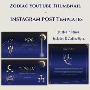 May include: A digital design template for YouTube thumbnails and Instagram posts. The design features a dark blue background with gold zodiac symbols and text. The text includes "Zodiac YouTube Thumbnail" and "Instagram Post Templates."