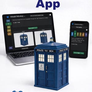 May include: A blue police box model, a laptop, and a smartphone are shown. The laptop and smartphone display the "Model Monkey" app interface. The app enables users to generate images from text, using the police box as an example.