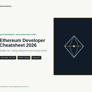 May include: The Ethereum Developer Cheatsheet 2026 is a quick reference guide featuring text on Solidity, fees, testing, deployment, and security. It includes buttons for Selectable Text PDF, Vector Visuals, and Checklists, with a diamond graphic.