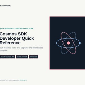 Puede incluir: Un documento digital titulado Cosmos SDK Developer Quick Reference con el subtítulo SDK modules, state, IBC, upgrades and deterministic execution. Incluye un rectángulo oscuro con un gráfico de átomo y tres botones: Selectable Text PDF, Vector Visuals y Checklists.