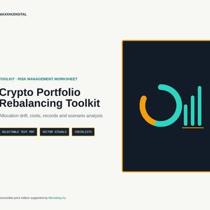 May include: A digital Crypto Portfolio Rebalancing Toolkit worksheet featuring the text MAXXHUDIGITAL, TOOLKIT - RISK MANAGEMENT WORKSHEET, Crypto Portfolio Rebalancing Toolkit, Allocation drift, costs, records and scenario analysis, Selectable Text PDF, Vector Visuals, Checklists, and Microdrop.hu.