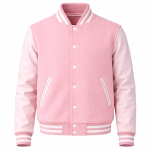 May include: A pink varsity jacket with light pink leather sleeves. The jacket features white stripes on the collar, cuffs, and hem, and white accents on the pockets. It has a button-up front closure.