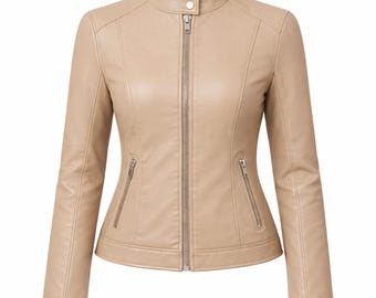 Chaqueta de cuero beige para mujer, corte ajustado, estilo motero, con cremallera, estilo casual, ideal para otoño.