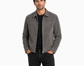 Mens Gray Suede Leather Jacket Casual Zip Up Lightweight Biker Trucker Coat Stylish Classic