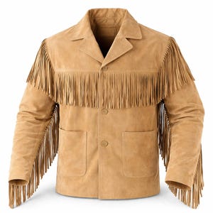 Puede incluir: Una chaqueta de ante color tostado con largos flecos en el pecho, la espalda y a lo largo de las mangas. La chaqueta incluye un cuello con solapas, un cierre frontal de tres botones y dos grandes bolsillos de parche.
