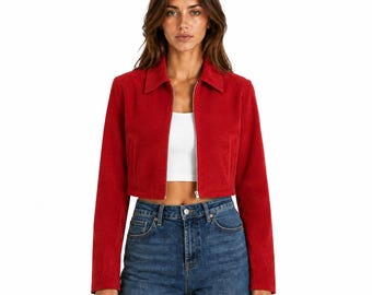 Women’s Red Cropped Suede Leather Jacket, Vintage Zip Front Short Jacket Coat