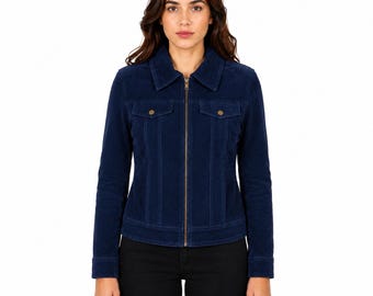 Women's Genuine Leather Jacket Crocodile Embossed Trucker Zip Front Slim Fit Casual Gift Handmade