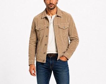 Mens Beige Suede Trucker Jacket Casual Western Style Lightweight Fall Fashion Outerwear Coat
