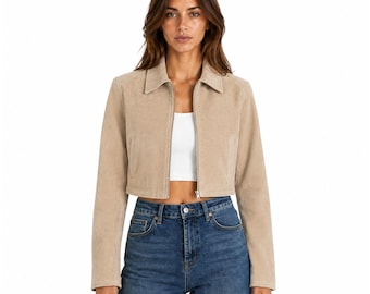 Women’s Beige Suede Cropped Jacket Genuine Leather Lightweight Zip Front Chic Style
