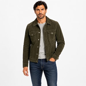 Chaqueta vaquera de ante verde oliva para hombre, estilo western informal, regalo de estilo vintage para él.