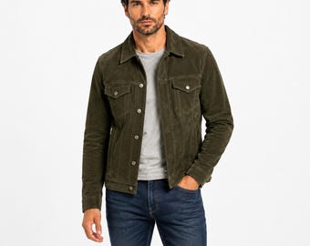 Men's Olive Green Suede Trucker Jacket, Casual Western Coat, Vintage Style Gift Him