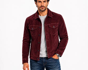 Mens Burgundy Suede Trucker Jacket Vintage Western Style Casual Lightweight Fall Outerwear