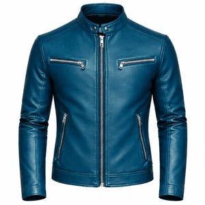 May include: Teal-colored leather jacket with a stand-up collar and silver zippers. The jacket has two zippered chest pockets and two zippered hand pockets. The sleeves are long and fitted. The jacket is a classic style.