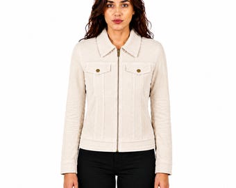 Women's Beige Suede Leather Cropped Trucker Jacket, Silk Lined, Zip Front, Handmade Casual Wear
