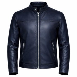 Marinblå skinnjacka för män, slim fit, bikermodell, dragkedja, avslappnad motorcykeljacka