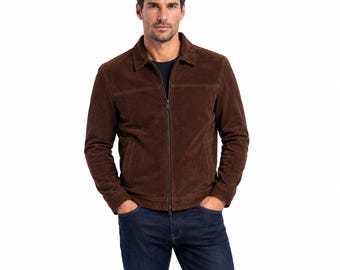 Men’s Chocolate brown Suede Leather Jacket Vintage Casual Zip Up Classic Slim Fit Coat